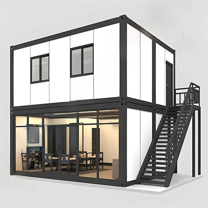 This is a two-story prefabricated CONTAINER house with a glass front on the first floor and white siding on the second floor front, with a staircase on the right side